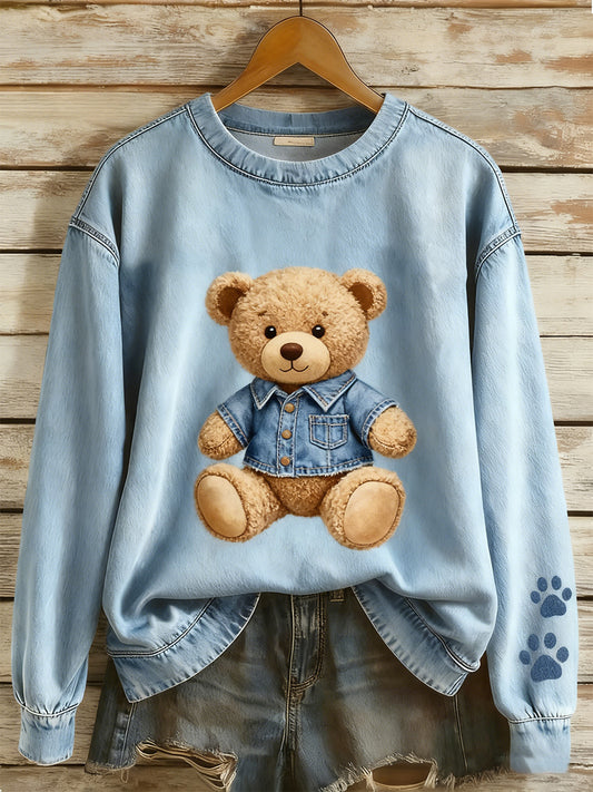 Damen Retro Denim Patchwork Tier Kunst Druck lässig Komfort Langarm Sweatshirt