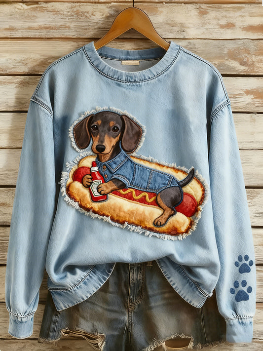Damen Retro Denim Patchwork Tier Kunst Druck lässig Komfort Langarm Sweatshirt