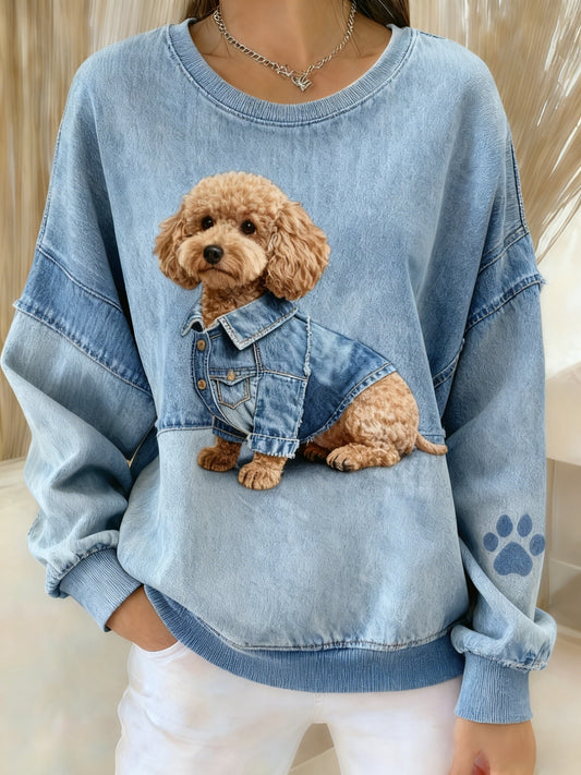 Retro niedliches Hunde-Denim-Patchwork-Gewebe, bedruckt, lässig, langärmliges Sweatshirt