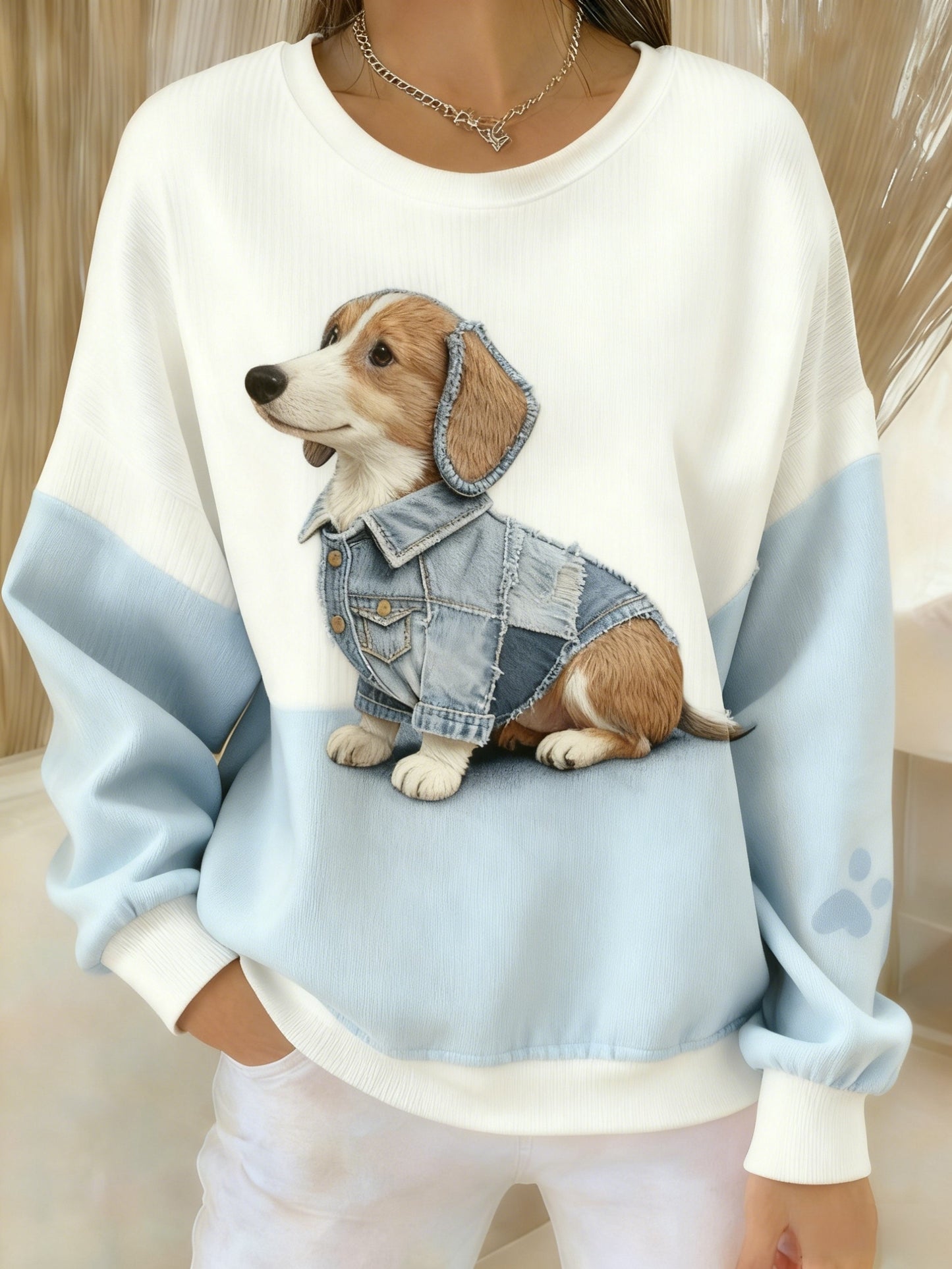 Retro niedliches Hunde-Denim-Patchwork-Gewebe, bedruckt, lässig, langärmliges Sweatshirt