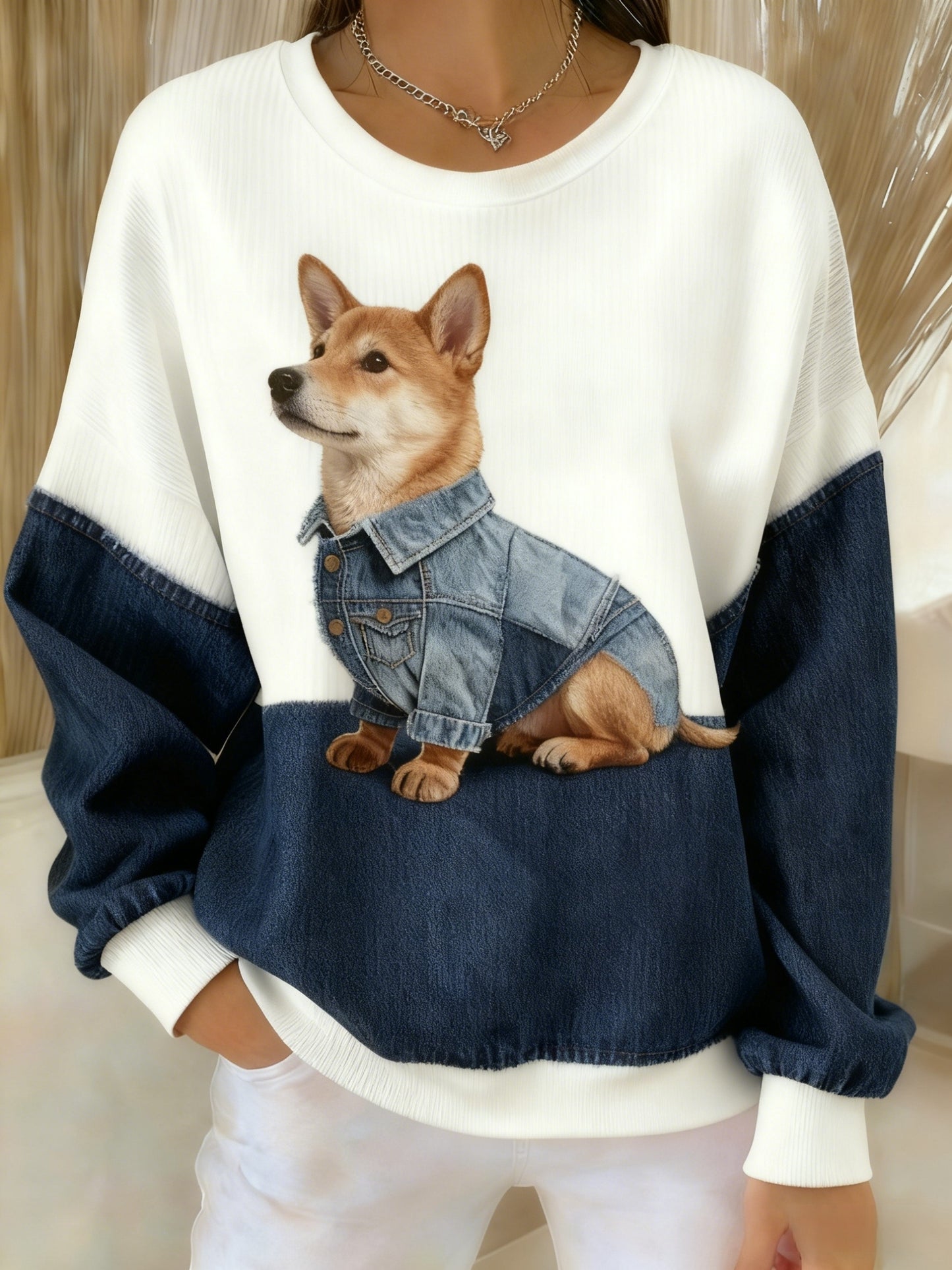 Retro niedliches Hunde-Denim-Patchwork-Gewebe, bedruckt, lässig, langärmliges Sweatshirt