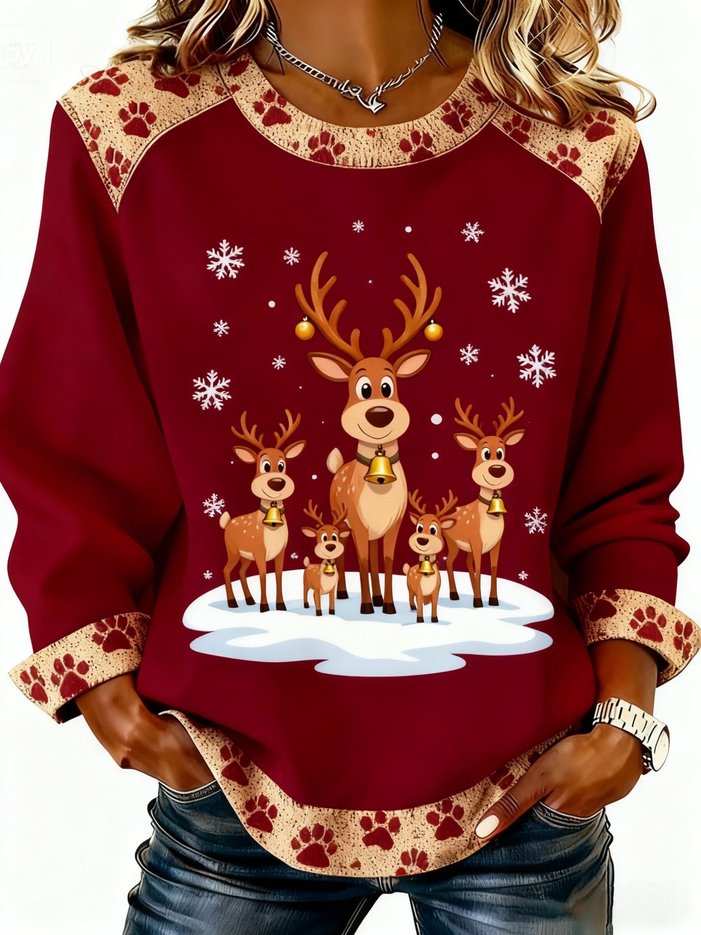 Retro Weihnachten niedlich Schneeflocke Rentier Patchwork Design gedruckt lässig Lose Langarm Sweatshirt