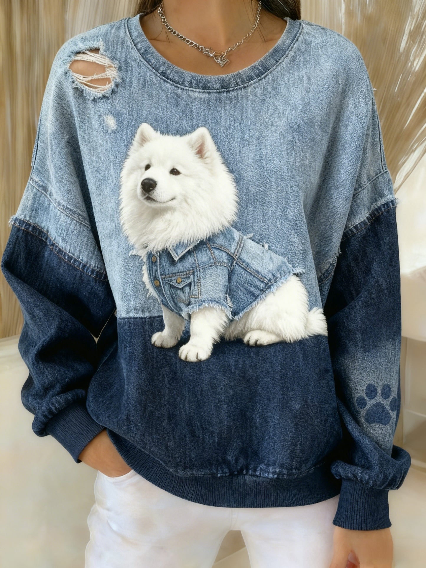 Retro niedliches Hunde-Denim-Patchwork-Gewebe, bedruckt, lässig, langärmliges Sweatshirt