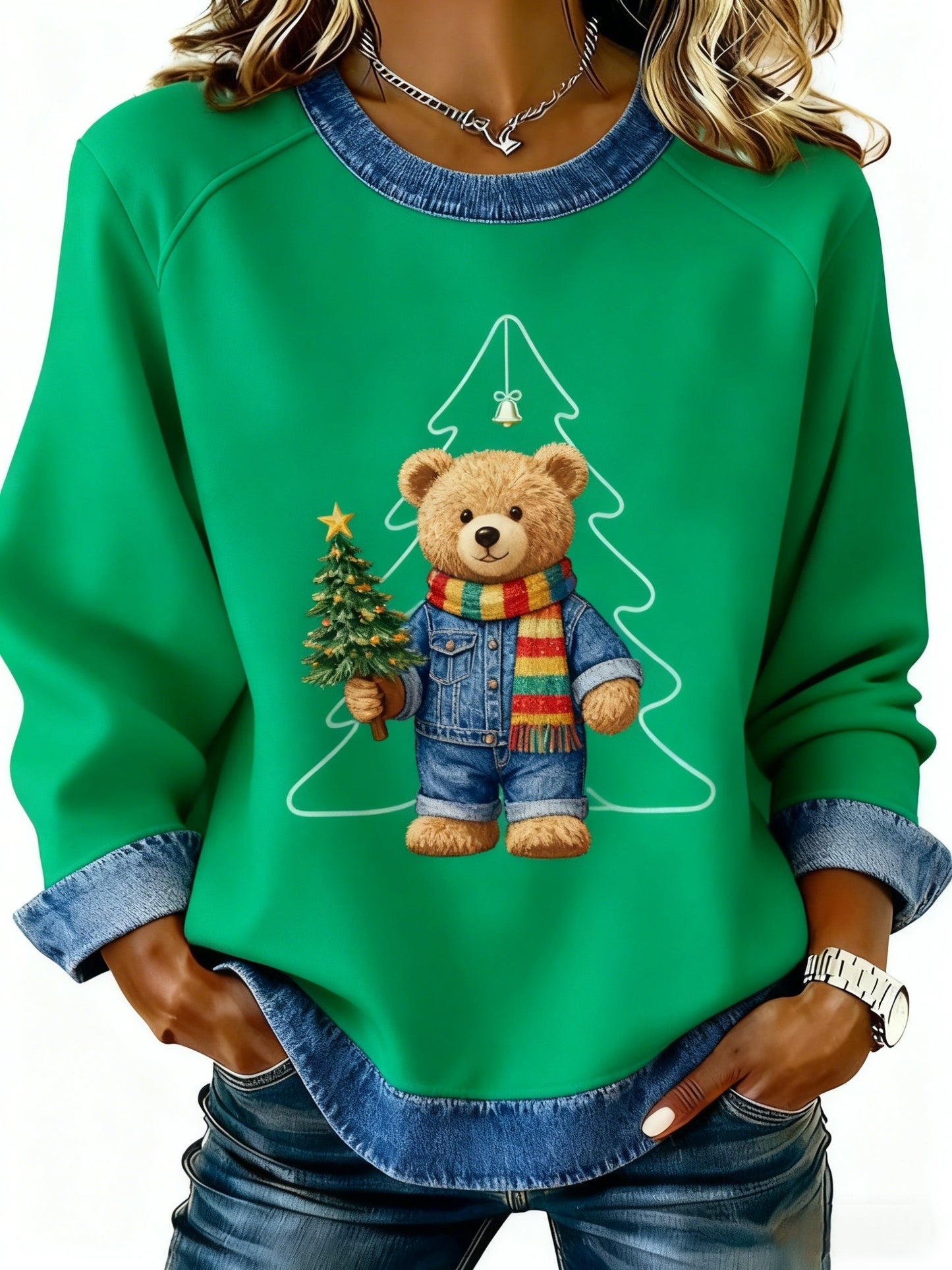 Retro Weihnachten niedlich Bär Weihnachts baum Denim Patchwork Design gedruckt lässig Lose Langarm Sweatshirt