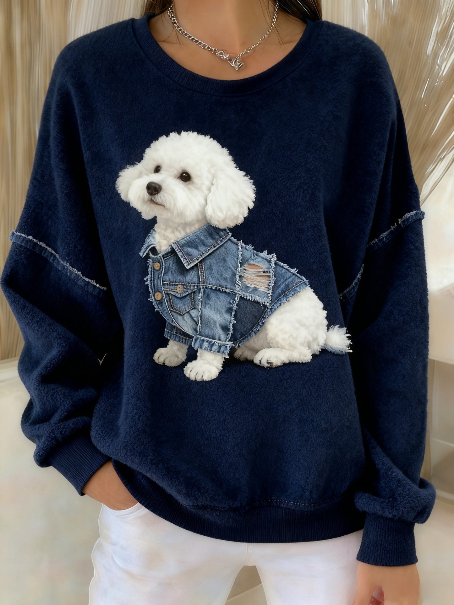 Retro niedliches Hunde-Denim-Patchwork-Gewebe, bedruckt, lässig, langärmliges Sweatshirt