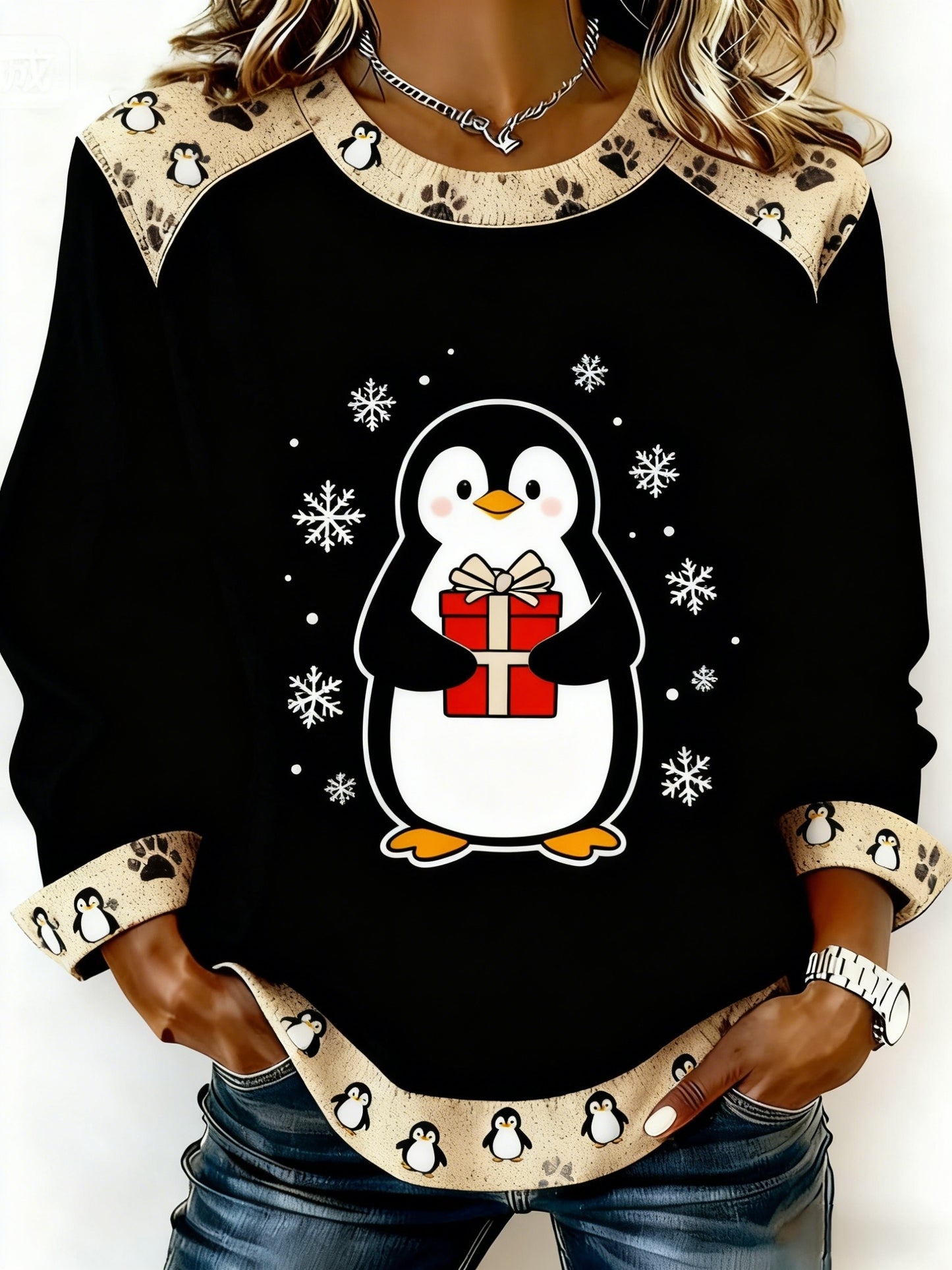 Retro Weihnachten niedlich Pinguin Geschenke Patchwork Design gedruckt lässig Lose Langarm Sweatshirt