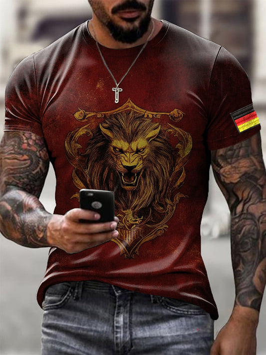Herren Reich verzierte Gold Löwe Deutschland Flagge Druck T-Shirt