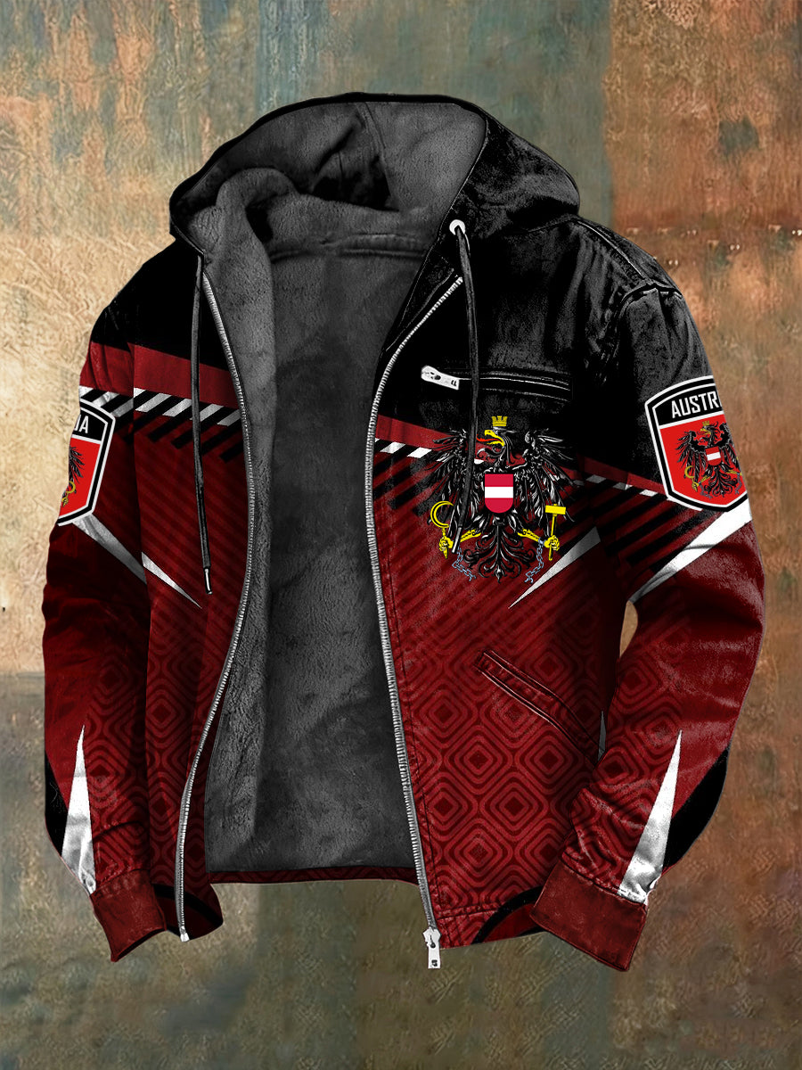 Retro österreich isches Emblem Geometrisch gestreifte Fleece-Kapuzen jacke