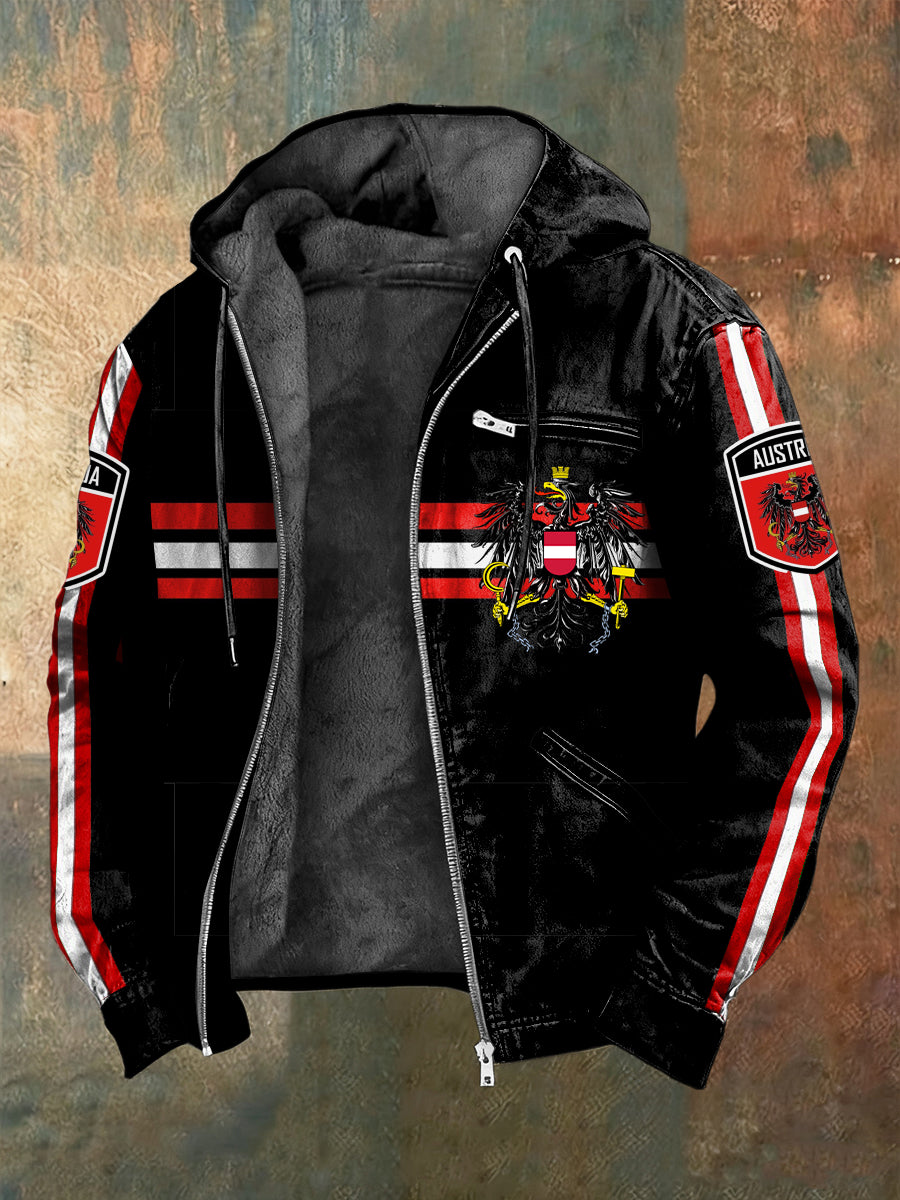 Retro Österreich ische Flagge Gestreifte Patchwork Fleece-Gelitterte Kapuzen jacke