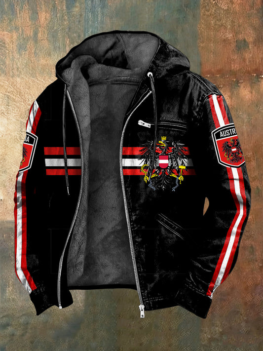 Retro Österreich ische Flagge Gestreifte Patchwork Fleece-Gelitterte Kapuzen jacke