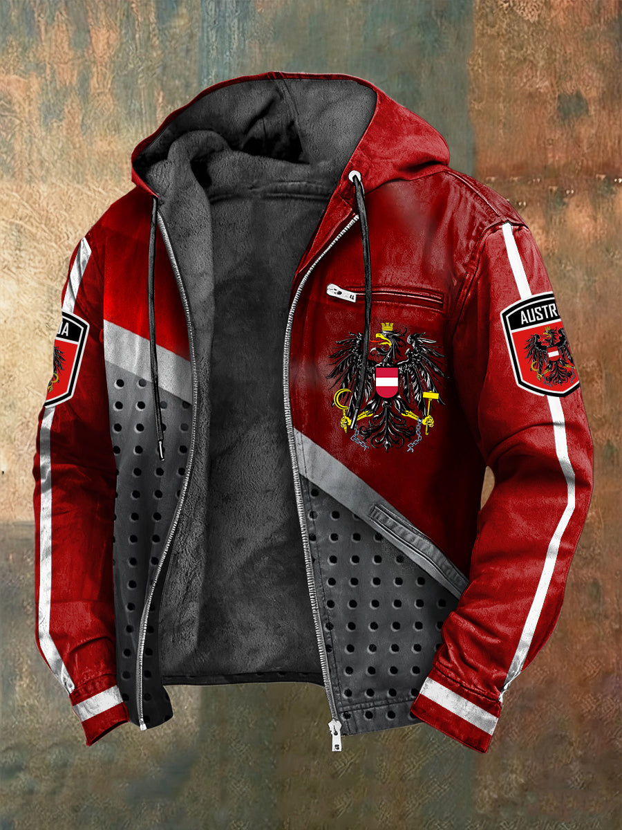 Retro österreich isches Emblem gestreifte Patchwork Fleece-Kapuzen jacke