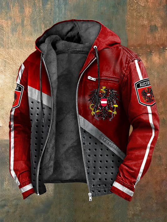 Retro österreich isches Emblem gestreifte Patchwork Fleece-Kapuzen jacke