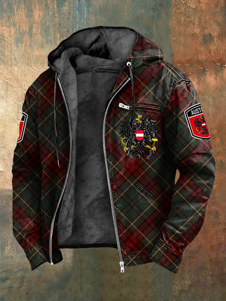 Retro österreich isches Emblem Plaid lässig Fleece-Kapuzen jacke
