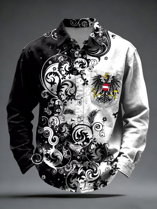 Retro österreich isches Emblem Schwarz-Weiß-Floral Freizeit hemd