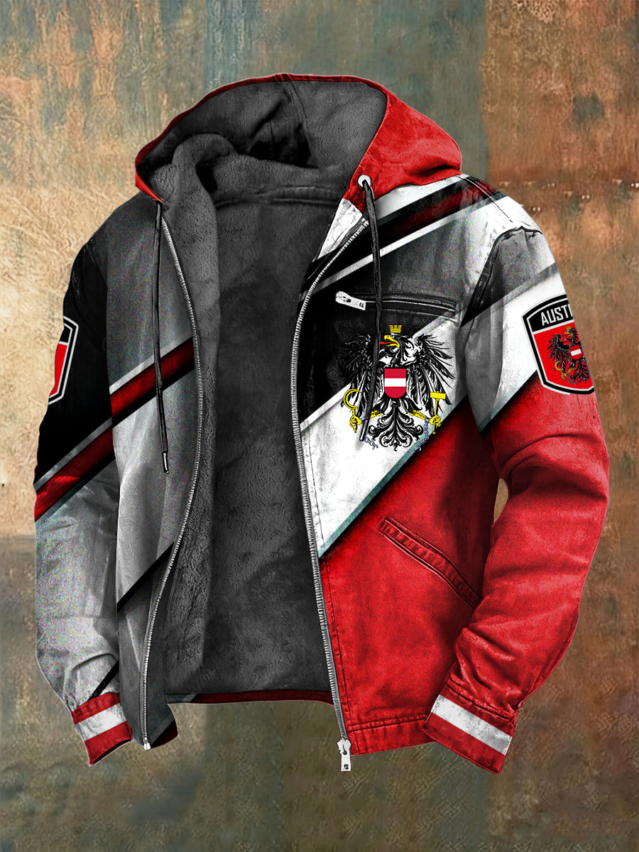 Retro österreich isches Emblem gestreifte lässige Fleece-Kapuzen jacke