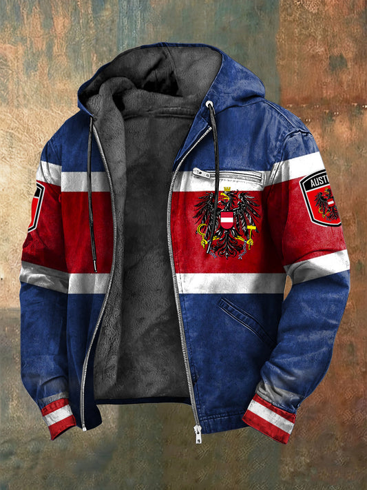 Retro österreich isches Emblem gestreifte geometrische Fleece-Kapuzen jacke