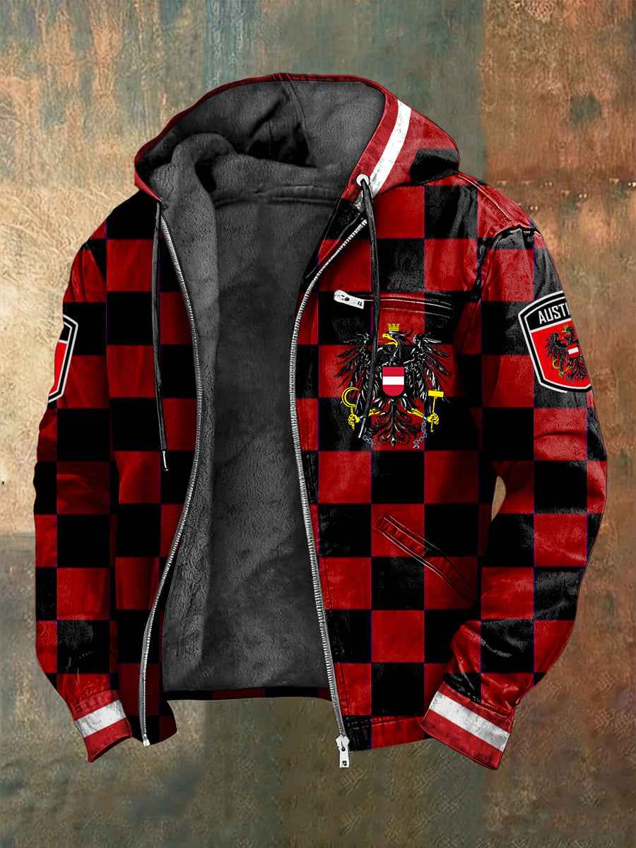 Retro österreich isches Emblem Karierte Fleece-Kapuzen jacke