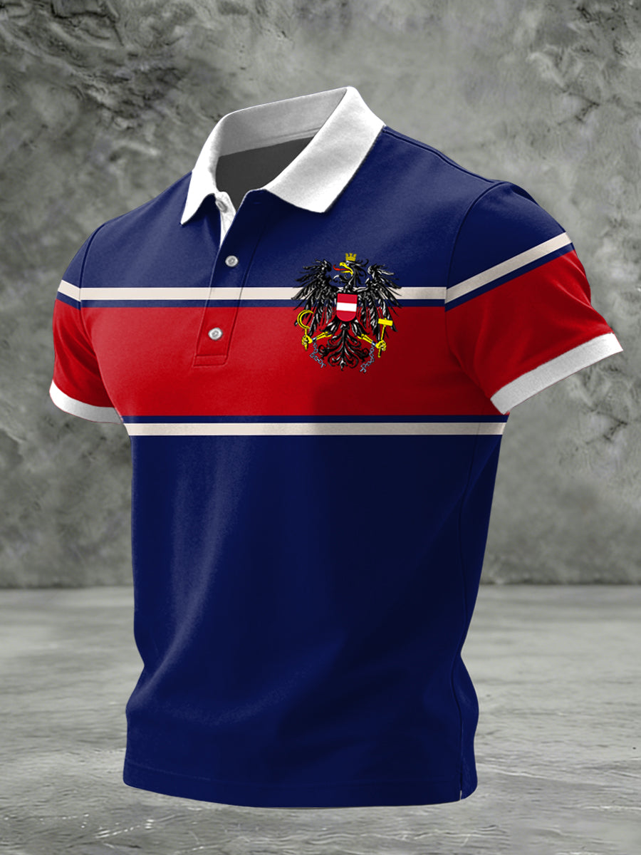 Retro österreich isches Emblem gestreiftes Patchwork-Business-Polo-Shirt