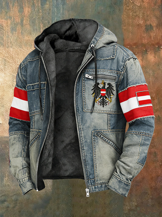 Retro österreich isches Emblem Denim-farbige Fleece-Kapuzen jacke