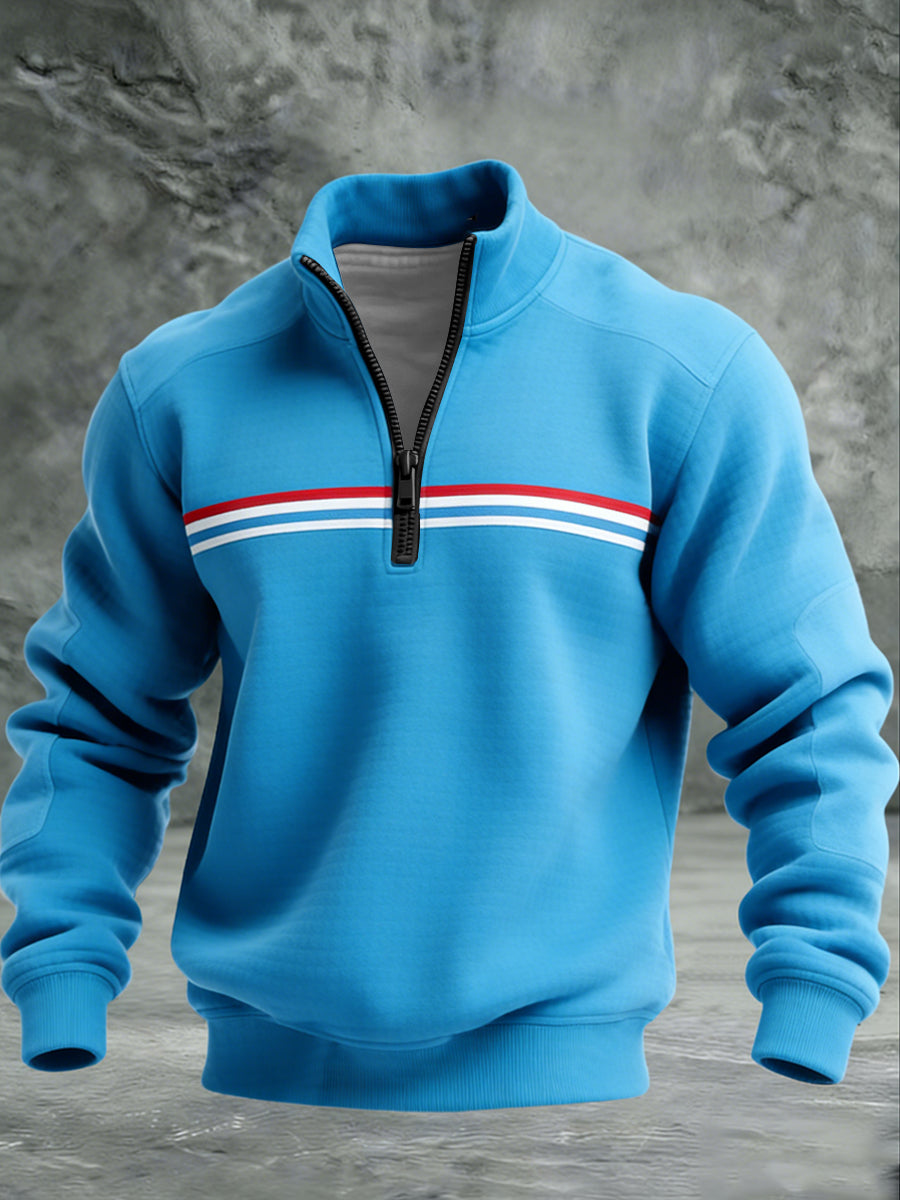 Vibrierendes Blau gestreiftes Akzent-Viertel-Reiß verschluss pullover für Männer