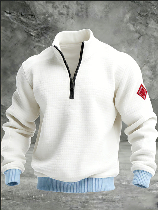 Herren Clean White Blue-Accent Flag Patch Quarter-Zip-Pullover
