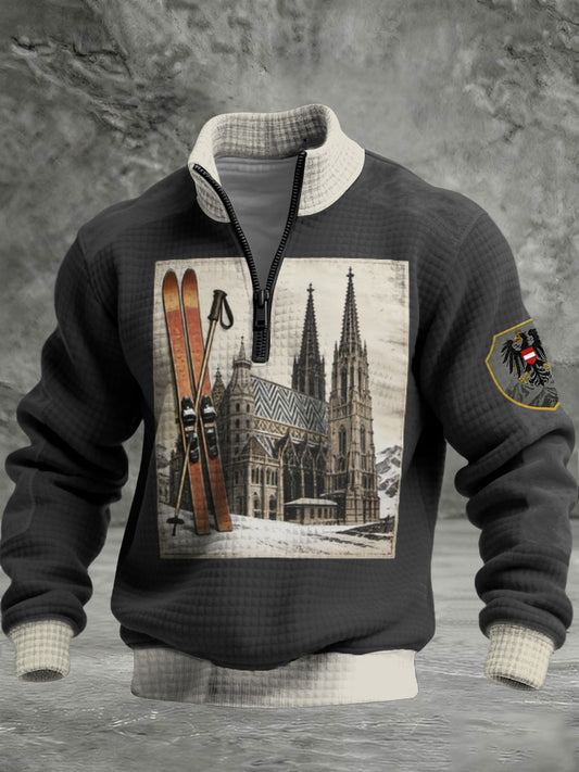 Herren Vintage Grau Wiener Dom & Ski Print Quarter-Reiß verschluss Hoodie