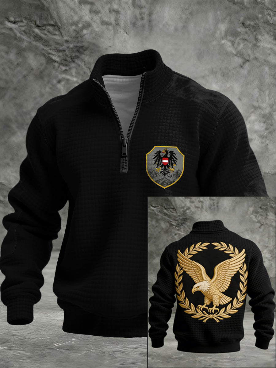 Herren Schlanker Schwarzer Österreichi scher Adler Kranz Emblem Quarter-Reiß verschluss Hoodie