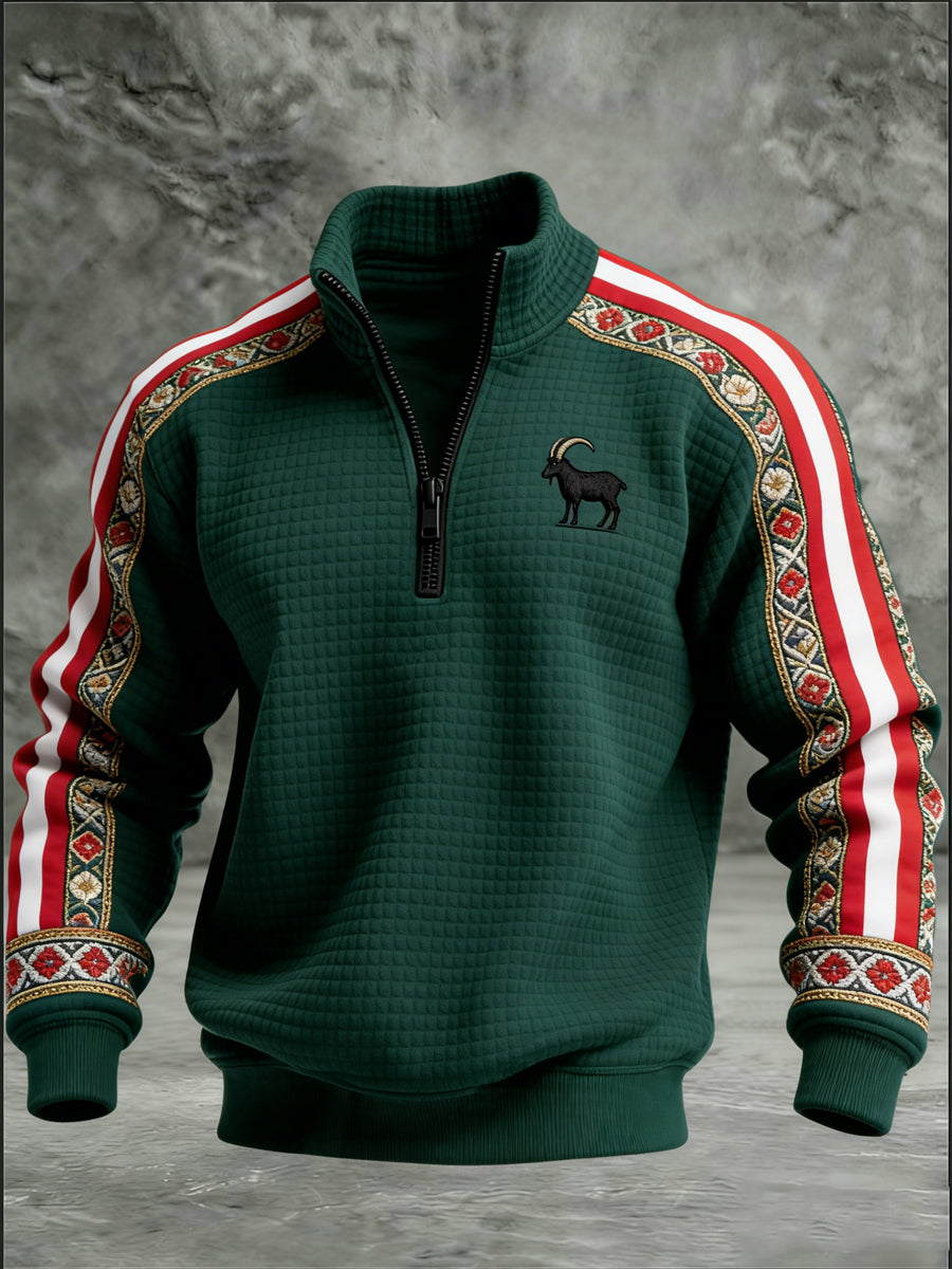 Herren Kapuzen pullover mit Reiß verschluss, grün, alpine Ziege, gemustert