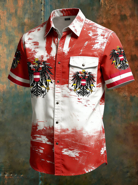 Herren Vintage Kurzarm-Hemd mit österreichi schem Flaggen muster bedruckt Business-Freizeit hemd