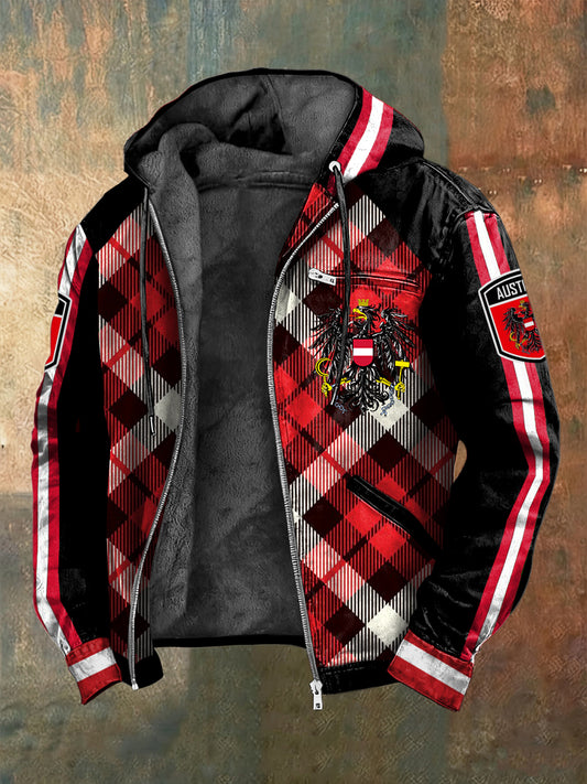 Retro österreich isches Emblem Plaid Patchwork Fleece-Kapuzen jacke