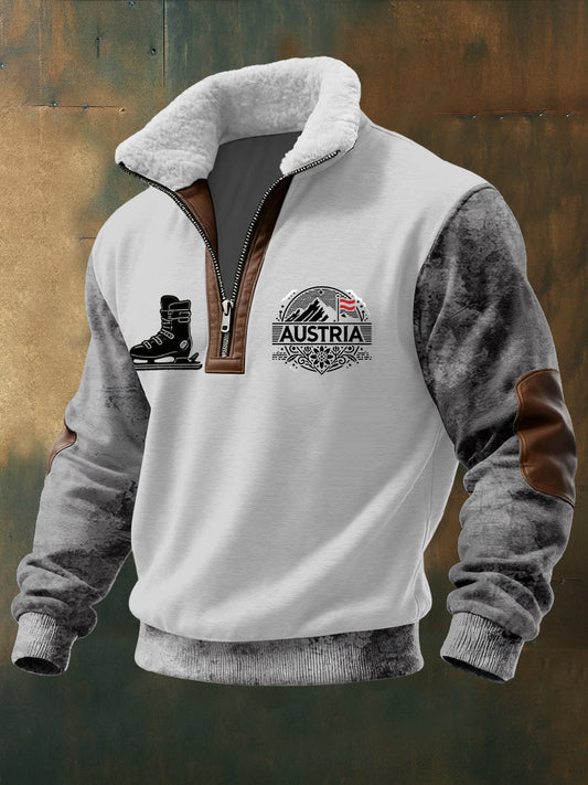 Herren Styli sches Österreich Ice Skate & Mountain Print Sherpa-Lined Top