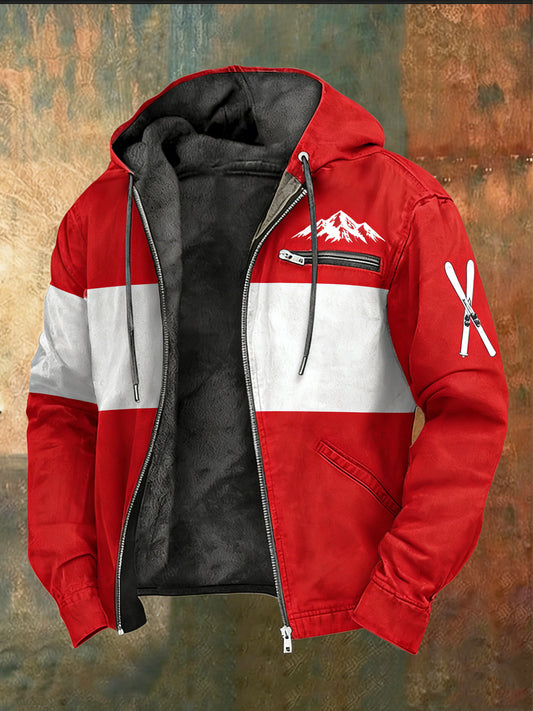 Herren Österreich Dynamische rot-weiße Ski-Emblem Sherpa-Gelinierte Kapuzen jacke mit Reiß verschluss