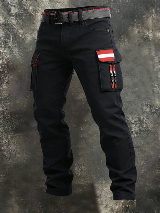 Herren Schlanke schwarze Österreich Flagge Ski Detail Cargo Hose