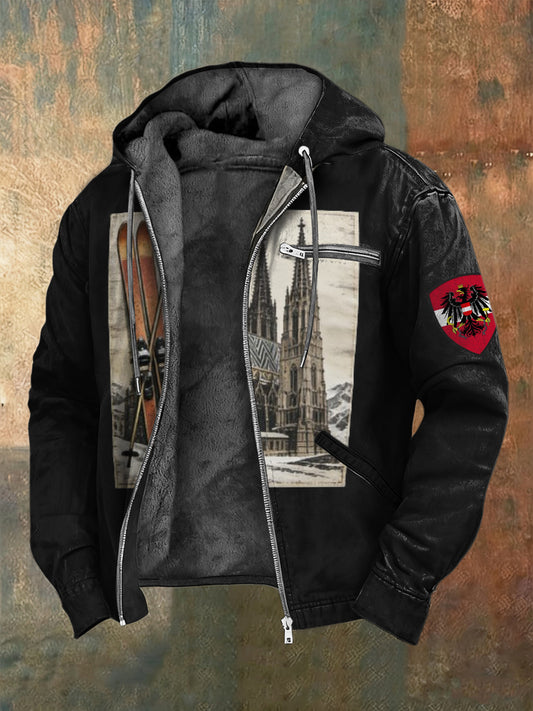 Herren Vintage Wiener Dom-und Ski druck Sherpa-Gelinierte Kapuzen jacke mit Reiß verschluss