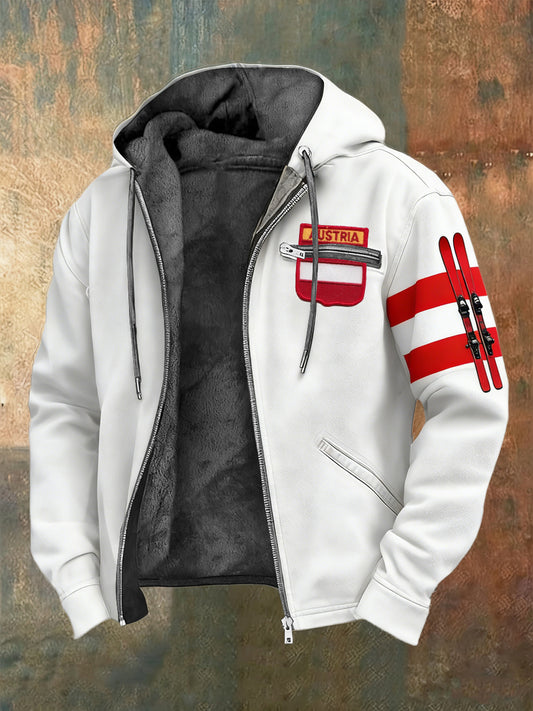 Herren Klassische Österreich Flagge & Ski Print Sherpa-Gelinierte Kapuzen jacke mit Reiß verschluss