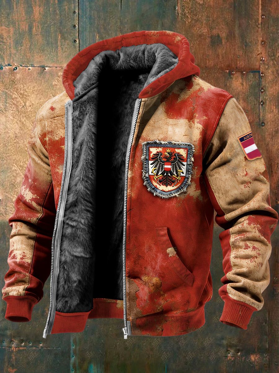Herren-Adler-Flagge Vintage Print Jacke mit Kapuze aus Fleece
