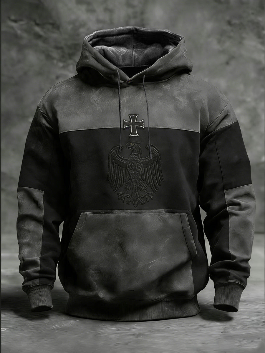 Herren Vintage Schwarz und Grau Farbe-Block Hoodie mit Eisernen Kreuz und Adler Design