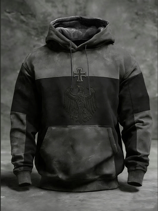 Herren Vintage Schwarz und Grau Farbe-Block Hoodie mit Eisernen Kreuz und Adler Design