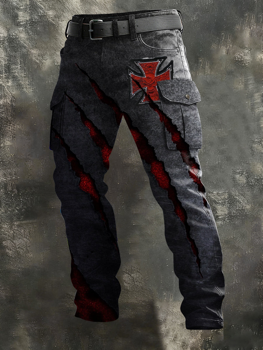 Herren-Skull-Logo-Arbeits hose mit roter 3D-Klaue Mark Iron Cross Soldier