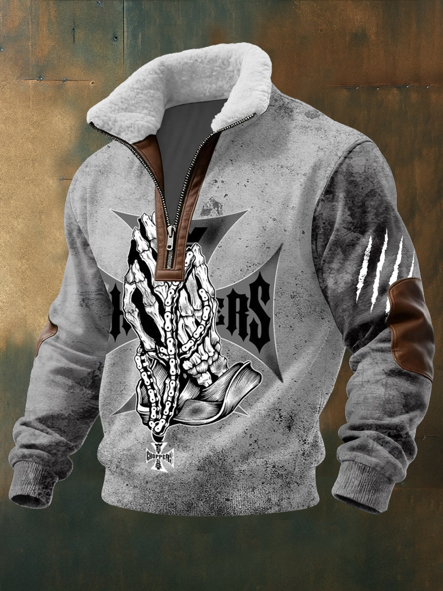 Herren-Sweatshirt aus Kaschmir-Patchwork-Kragen mit Eisernen Kreuz-Schädel-Handmuster