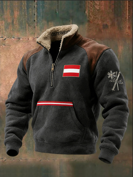 Herren-Sweatshirt mit grauer österreichi scher Flagge und Blumen-Detail-Sherpa-Kragen