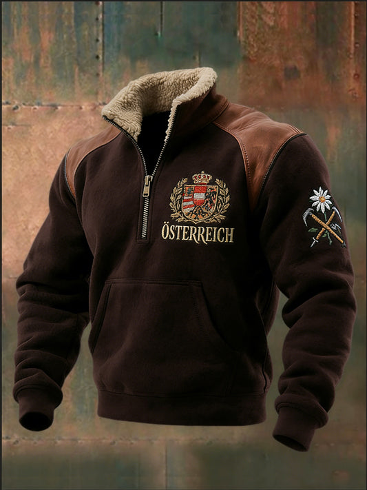 Herren Regal Braun Österreich isches Wappen Emblem Sherpa Kragen Sweatshirt