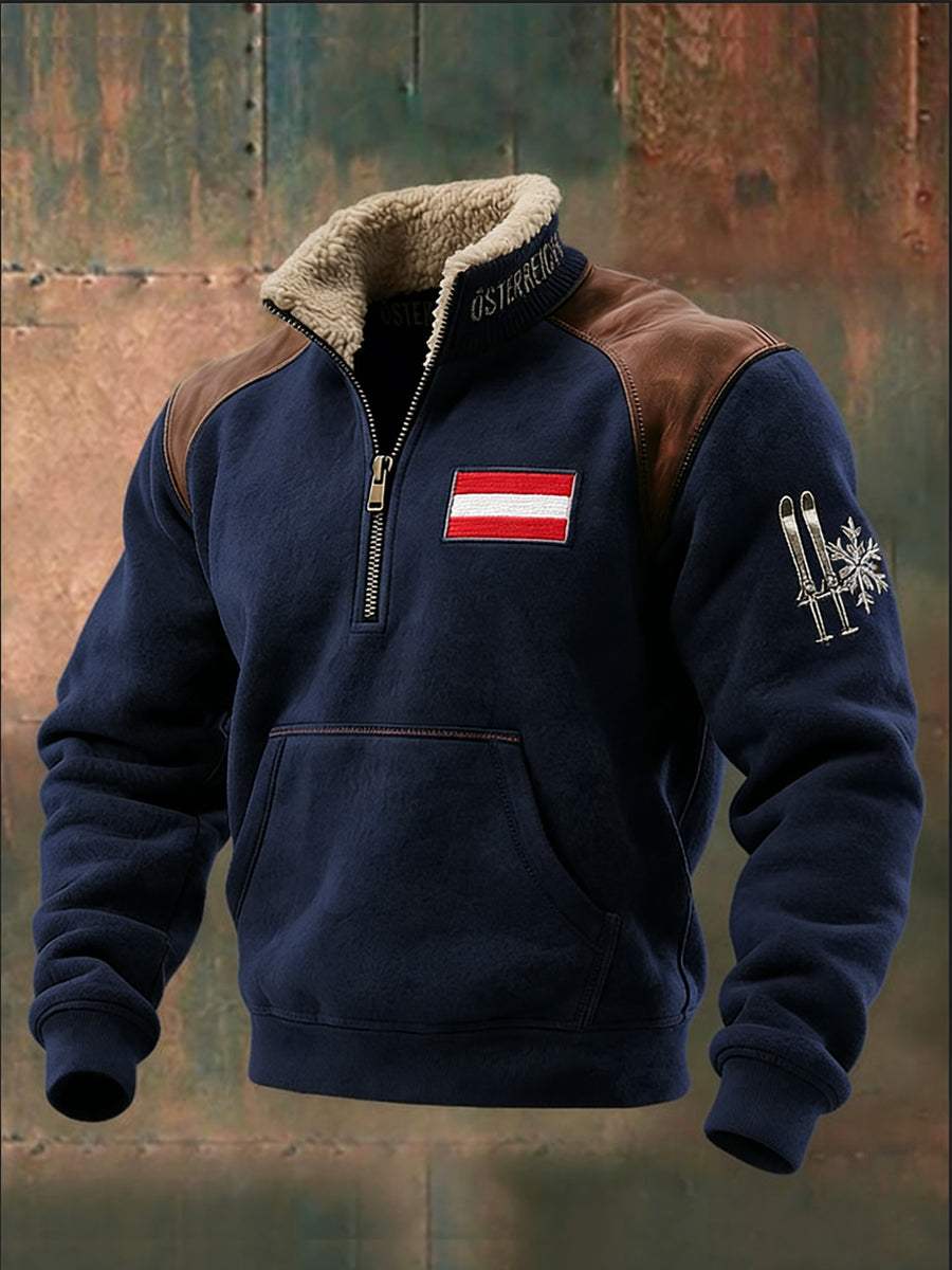 Herren-Sweatshirt mit gemütlicher Marine mit österreichi scher Flagge und Ski-Patch Sherpa-Kragen