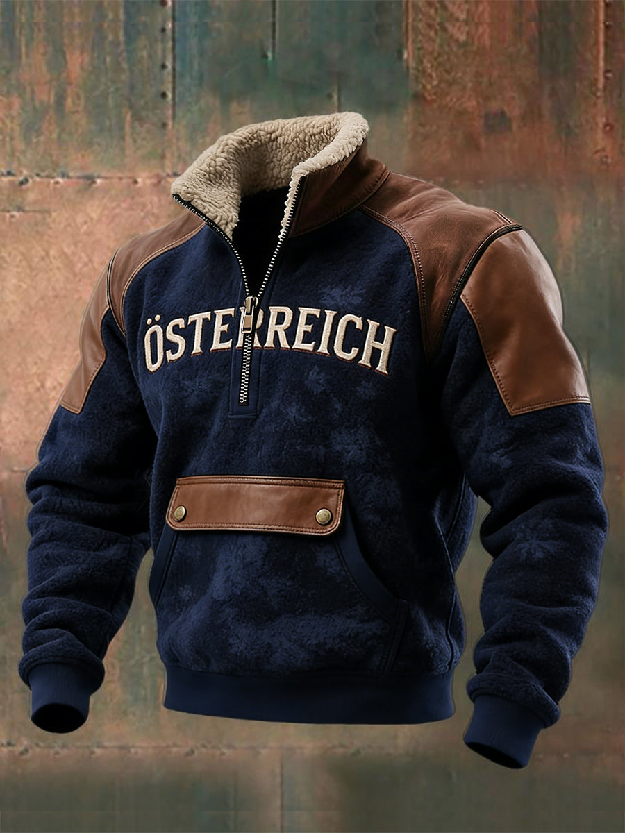 Herren Vintage Navy "Österreich" Logo Sherpa Kragen Sweatshirt ﻿