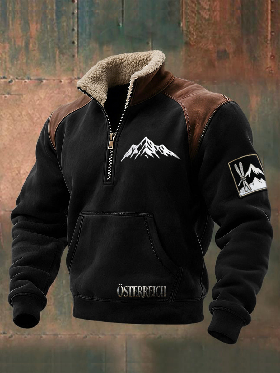 Herren Schwarzes Sweatshirt mit österreichi schem Mountain Emblem Sherpa Kragen