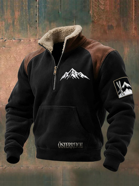 Herren Schwarzes Sweatshirt mit österreichi schem Mountain Emblem Sherpa Kragen