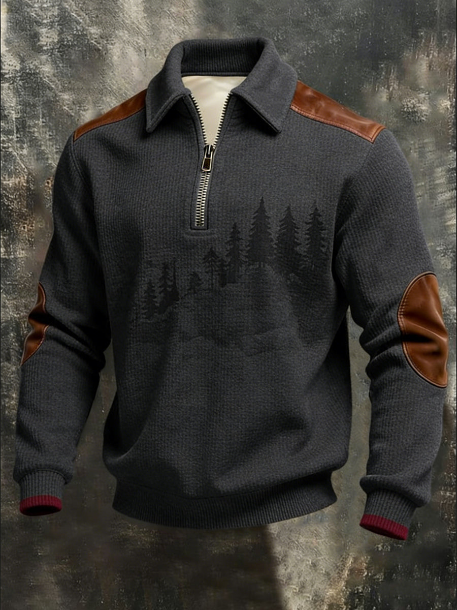 Herren-Sweatshirt mit rustikalem Grauwald-Print mit Leder-Akzent-Viertel-Reiß verschluss