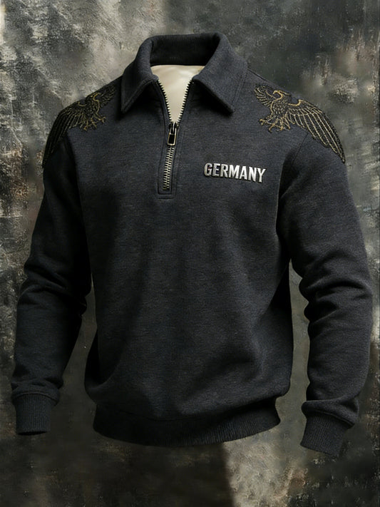 Herren schlanke Holzkohle "DEUTSCHLAND" Eagle Emblem Quarter-Reiß verschluss Sweatshirt