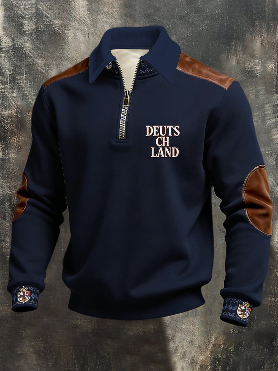Herren Elegantes Marine-Sweatshirt "DEUTSCHLAND"-Crest-Manschette mit Reiß verschluss