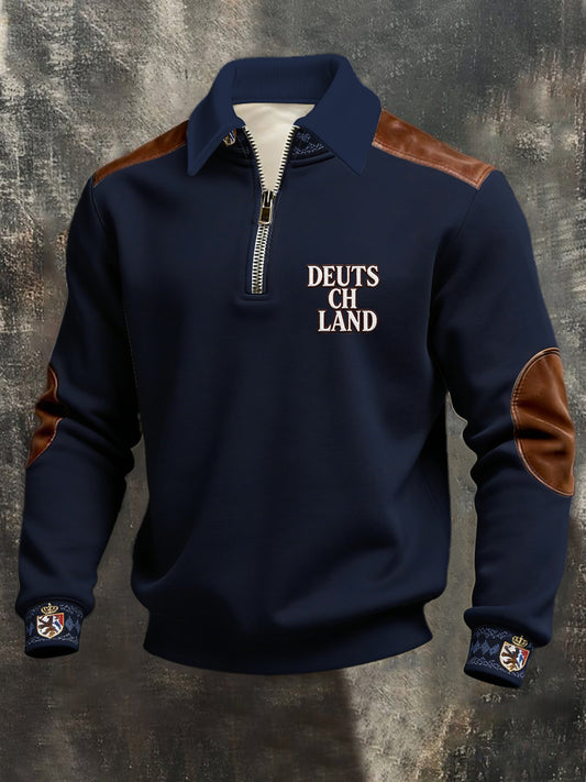 Herren Elegantes Marine-Sweatshirt "DEUTSCHLAND"-Crest-Manschette mit Reiß verschluss